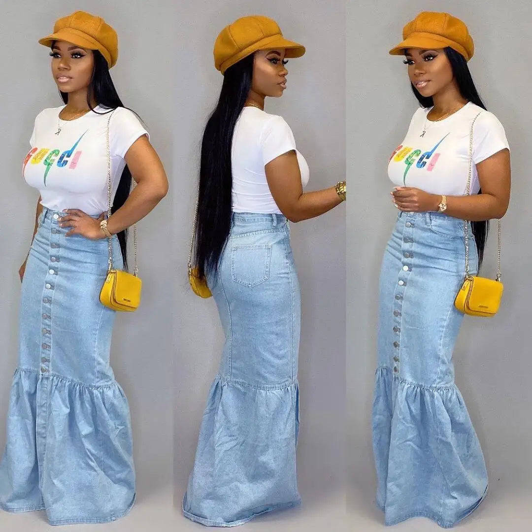 Fishtail Denim Long Skirt Women Full Length Mermaid Trumpet Ruffle Breasted Sexy High Waist Stretchy Skirts 2024 Streetwear