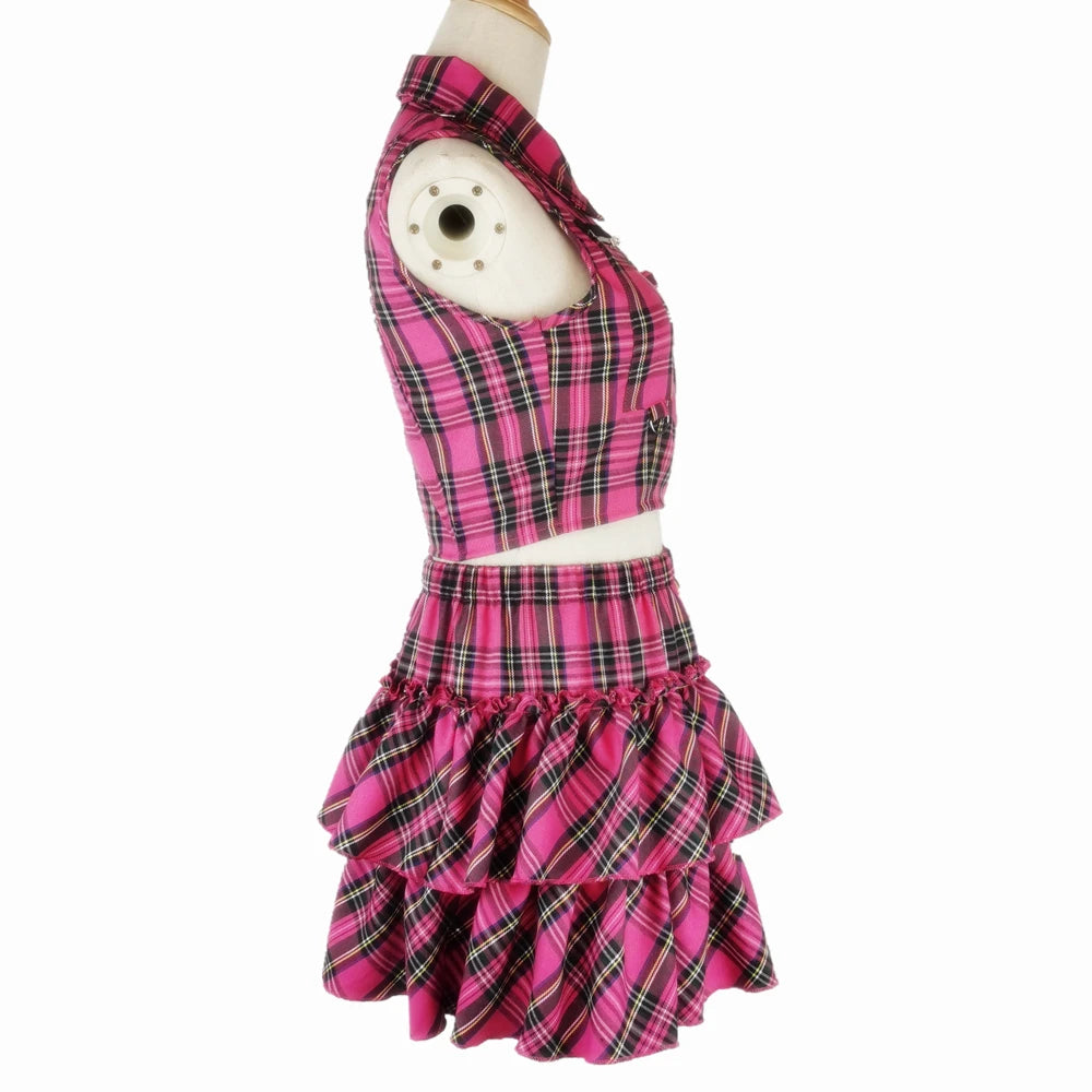 Women Pink Sexy Punk Gothic Zipper Sleeveless Suit Sweet Personality Chain Sleeveless Short T-shirt Streetwear Plaid Skirts