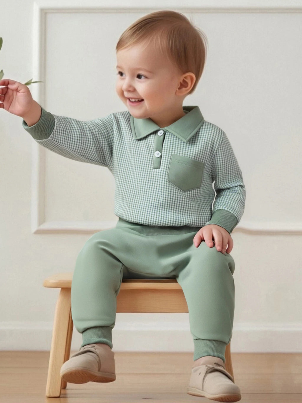 2025-06-03 Lioraitiin Toddler Baby Boys Fall Set Plaid Long Sleeve Lapel Tops and Solid Color Bow Pants with Pocket 2Pcs Outfits