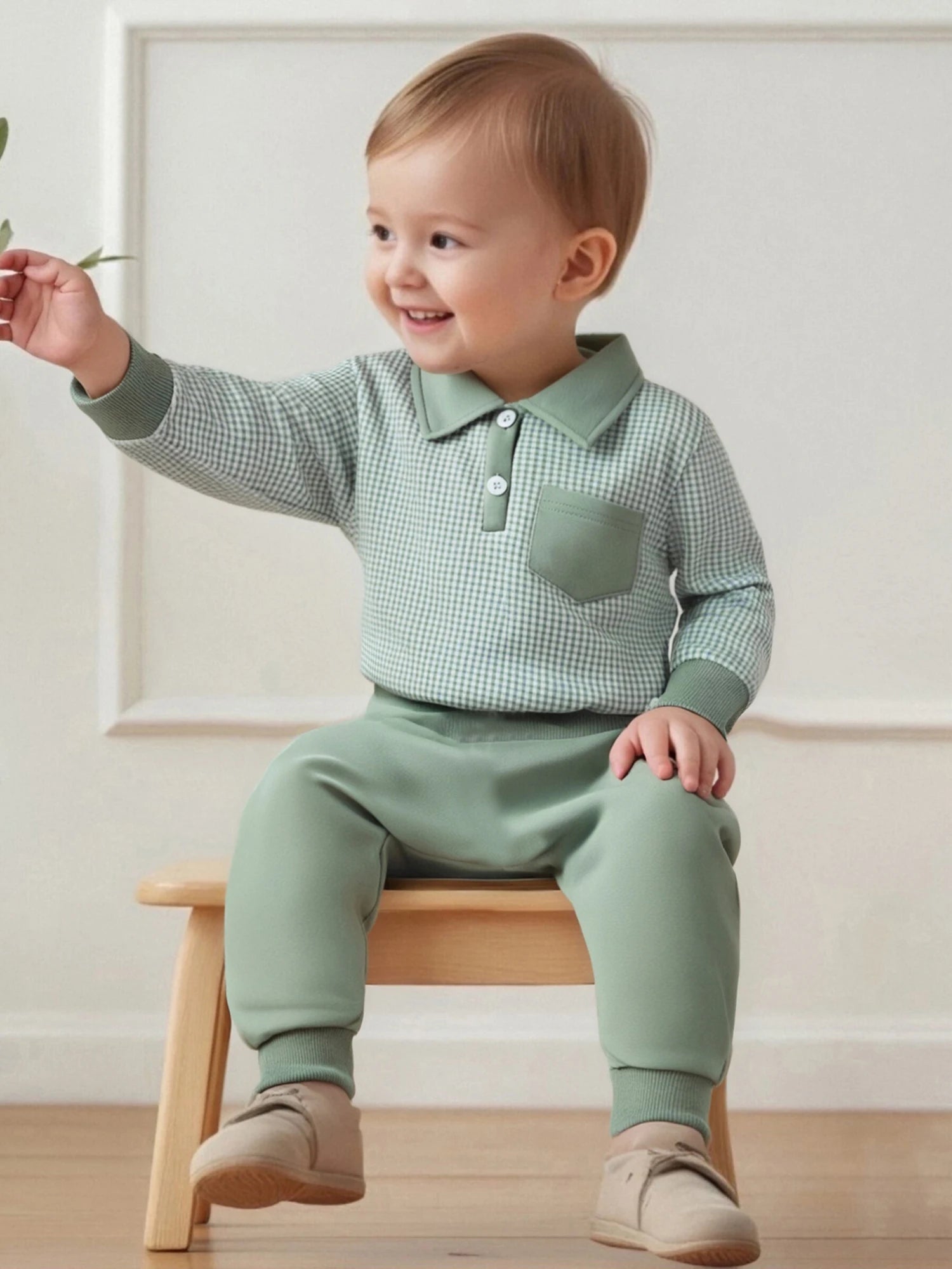 2025-06-03 Lioraitiin Toddler Baby Boys Fall Set Plaid Long Sleeve Lapel Tops and Solid Color Bow Pants with Pocket 2Pcs Outfits