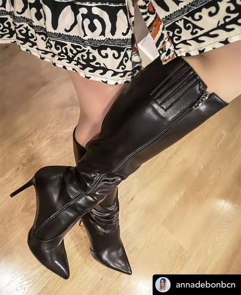 Onlymaker Pointed Toe Knee High Boots Stiletto High Heels Soft PU Leather Flock Concise Side Zipper Big Size Fashion Boots