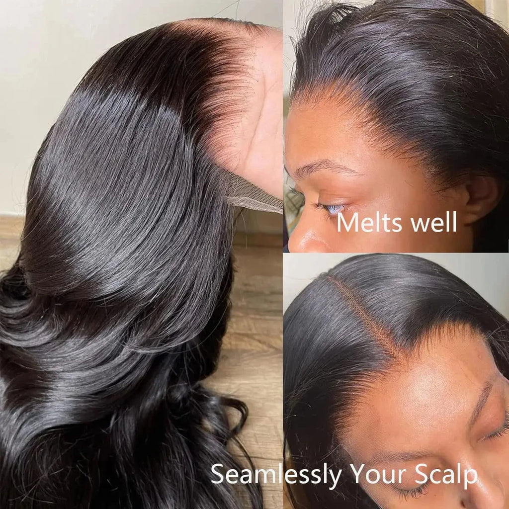 Body Wave 13x4 Lace Front Wig Pre Plucked Remy Brazilian Human Hair Wigs Natural Black 180% Density Transparent Lace Frontal Wig