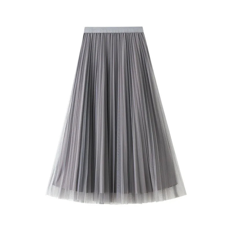 Luxury Velvet Pleated Skirts For Women 2024 Summer Fashion Women's High Waist Mesh Midi Skirt Female Elegant  Solid A-Line Skirt
