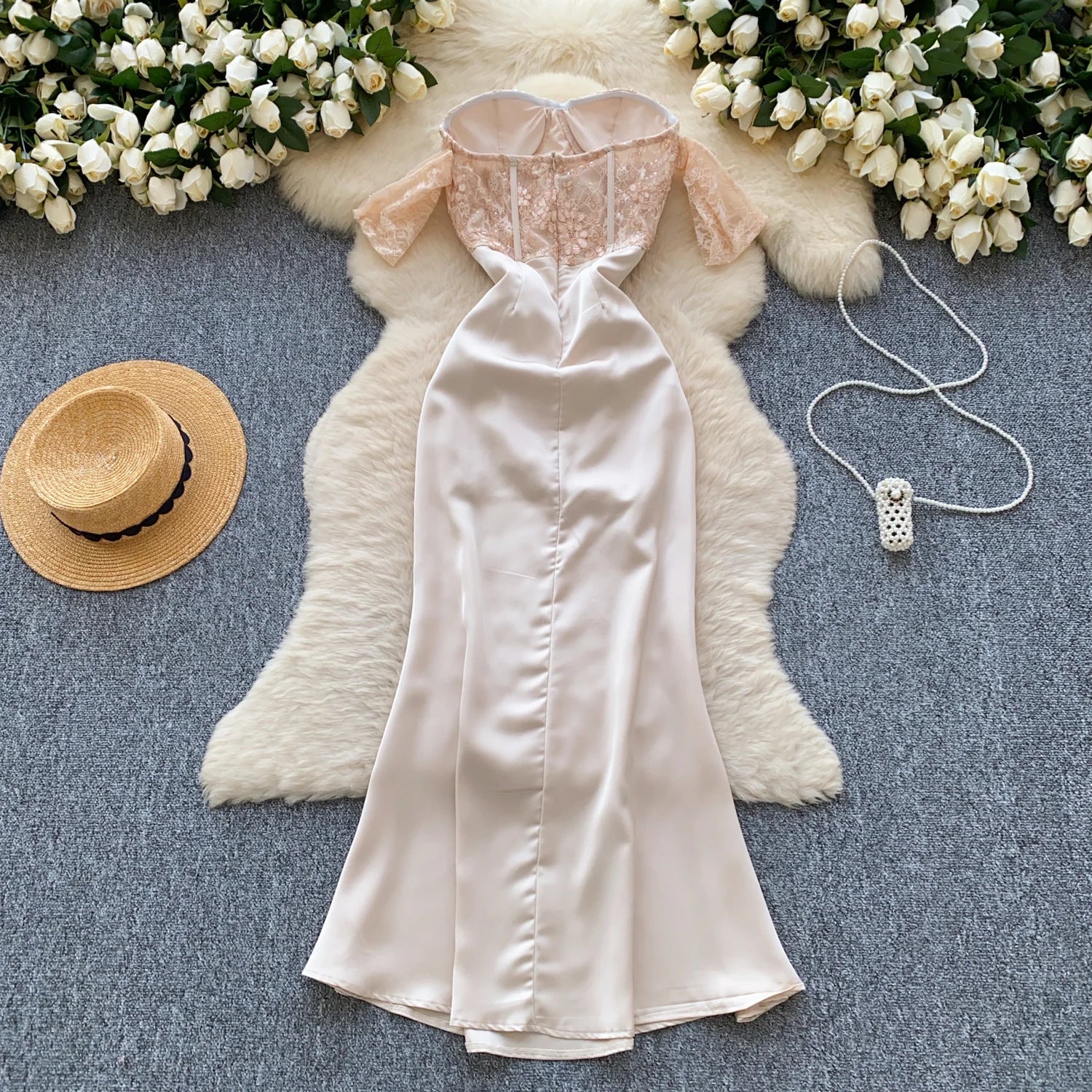 Women Chic satin Spliced mesh slash neck Sexy French Fashion Summer evening dress mermaid dress