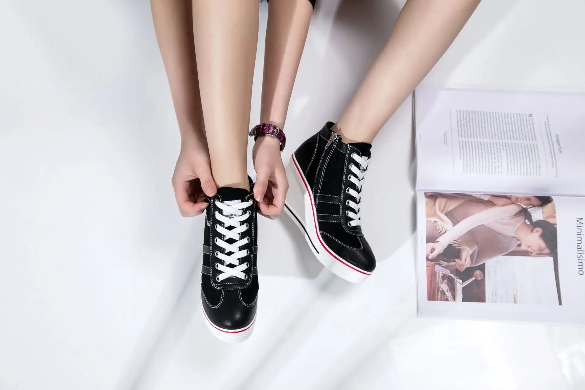 Women's Shoes 2026 New Wedge Heel Casual Canvas Shoes Women's Side Chain Lace-up Platform Shoes 8 Cm High Heel Shoes