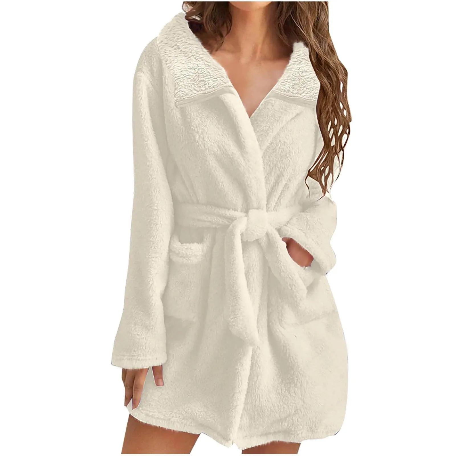 Women Warm Plush Hooded Bathrobe Wainter Plush Lapel Robe With Pockets Female Pajamas Robe Long Home Clothes Lingeries For Woman