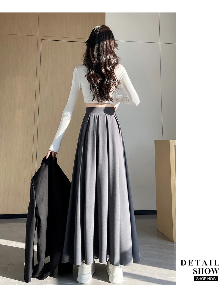 Beiyingni Women Long Suit Maxi Pleated Black Skirts Korean Fashion 2024 Autumn High Waist Slim A-line Skirt Ladies Gray Faldas