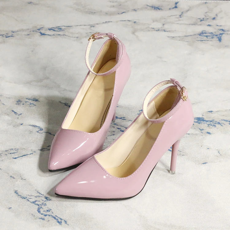 One Word Buckle High Heels 2025 Spring New Patent Leather Stiletto Heel Work Pumps Large Pointed Shallow Mouth Women's Shoes