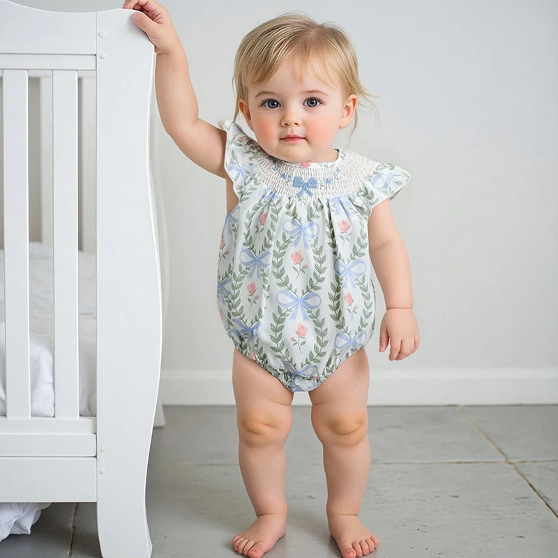 Adorable Baby Girls Jumpsuit Short Sleeve Round Neck Floral Print Toddler Romper for Playtime and Outings in Summer