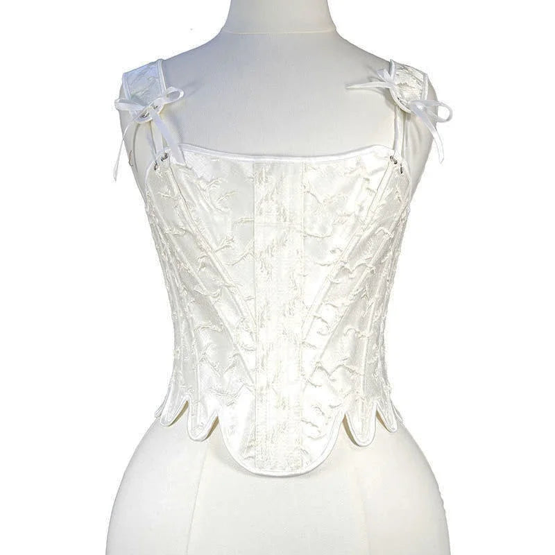 Fashion White Embossed Vintgae Petal Bodices Women Overbust Slimm Corsets Lace Up Boned Shaping Tops Korset