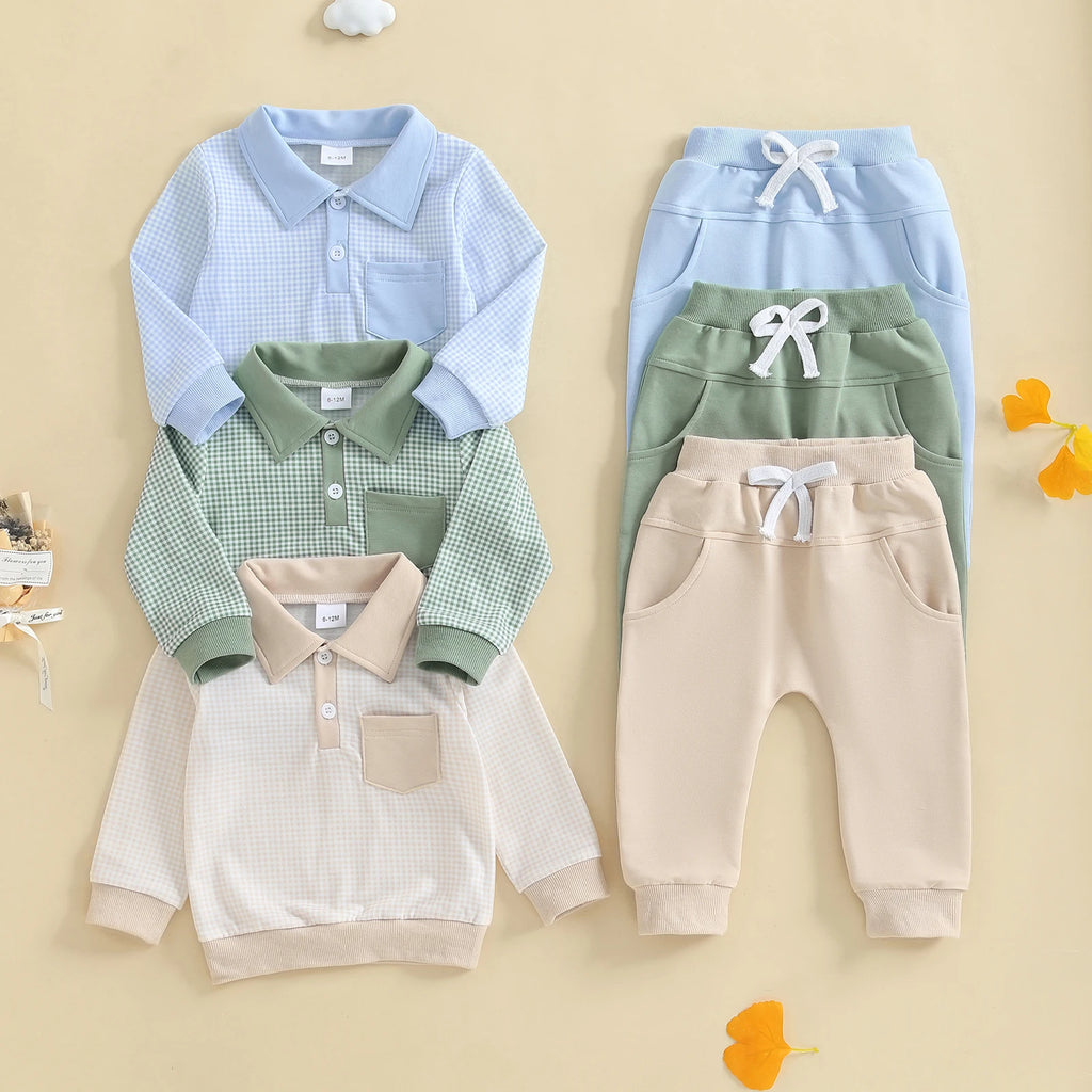 2025-06-03 Lioraitiin Toddler Baby Boys Fall Set Plaid Long Sleeve Lapel Tops and Solid Color Bow Pants with Pocket 2Pcs Outfits
