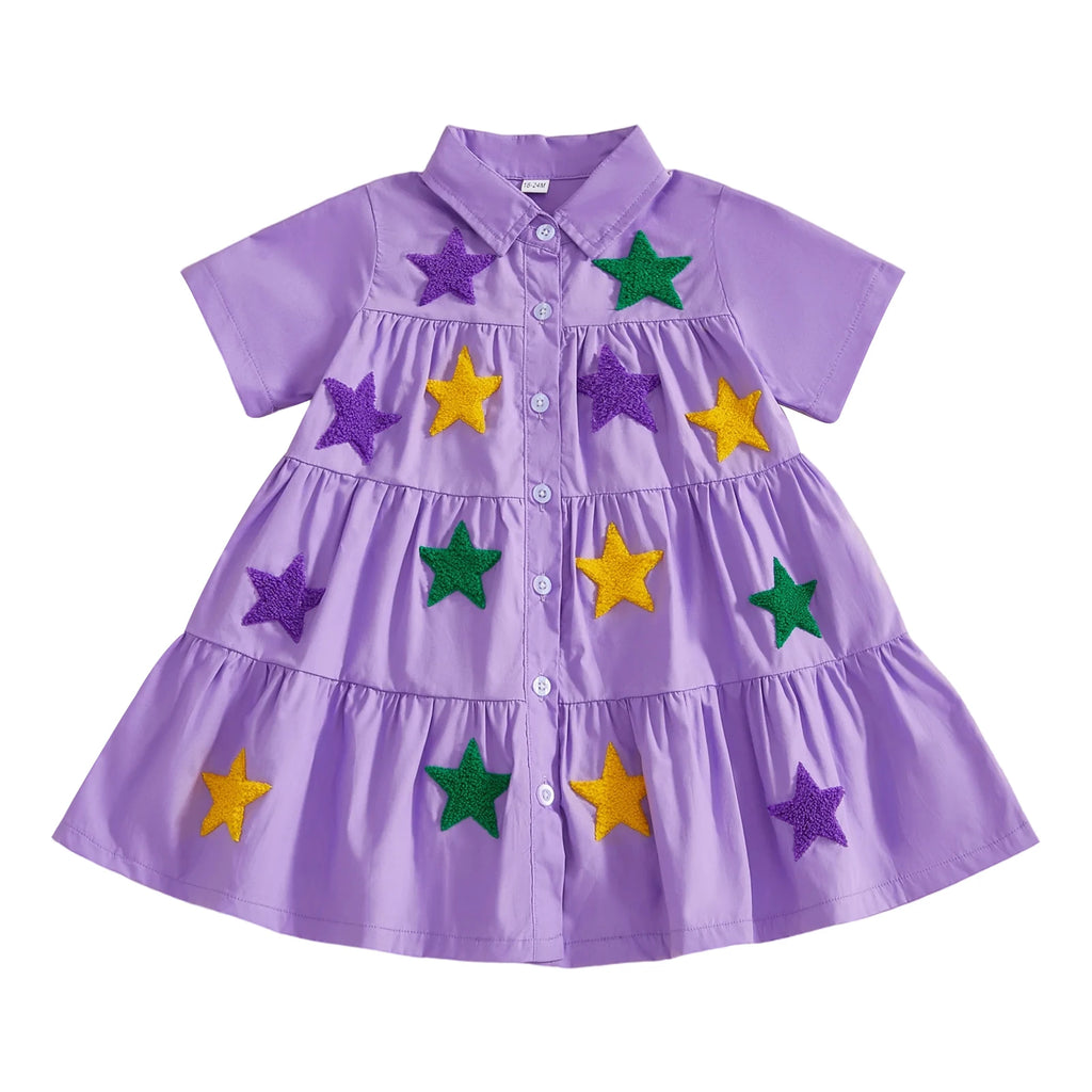 Toddler Mardi Gras Dress with Sequin Star Detail and Tiered Ruffle Skirt Short Sleeve Collared Party Dress for Girls Spring