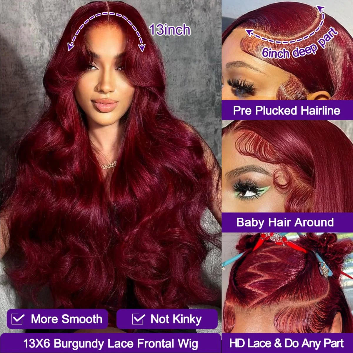 200% Colored 99j Wine Red Human Hair Wig Brazilian 40 Inch Burgundy 13x6 HD Lace Frontal Wig Body Wave 100% Remy Human Hair Wigs