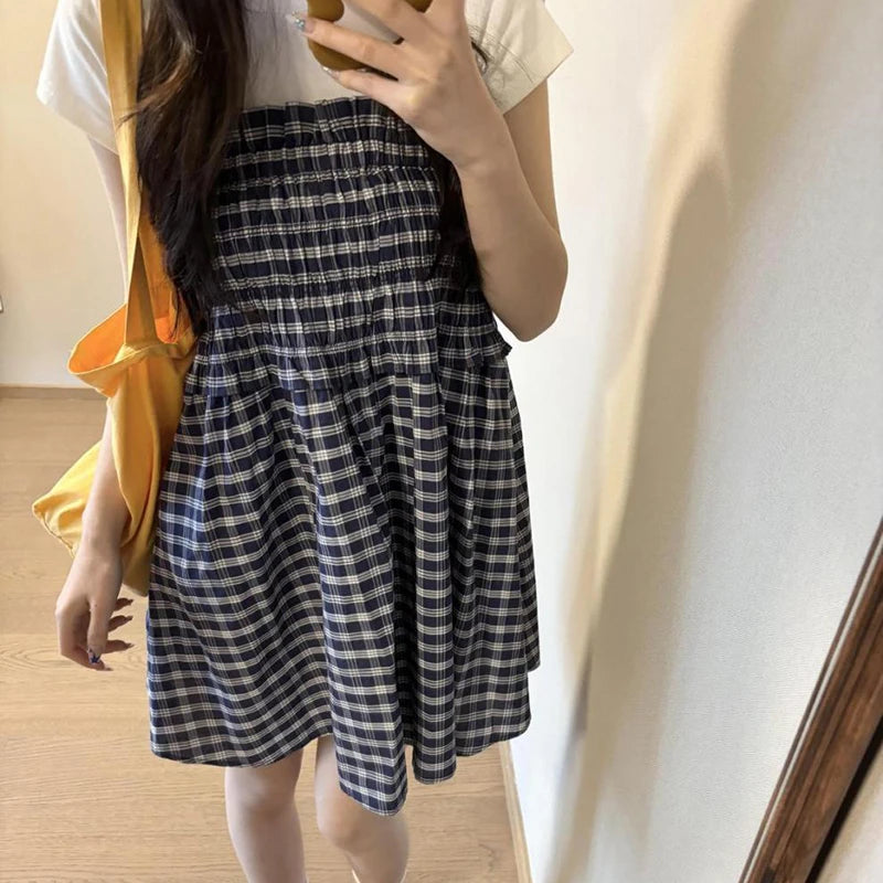 Korean Elastic High Waist Plaid Skirt Women Summer Patchwork Sleeveless A Line Dress Woman 2025 Chic Pleated Midi Skirts Female