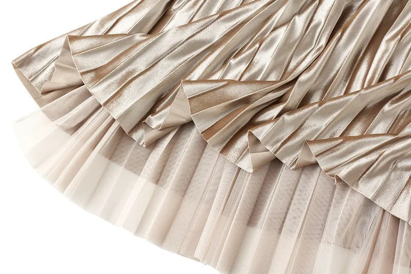 Luxury Velvet Pleated Skirts For Women 2024 Summer Fashion Women's High Waist Mesh Midi Skirt Female Elegant  Solid A-Line Skirt