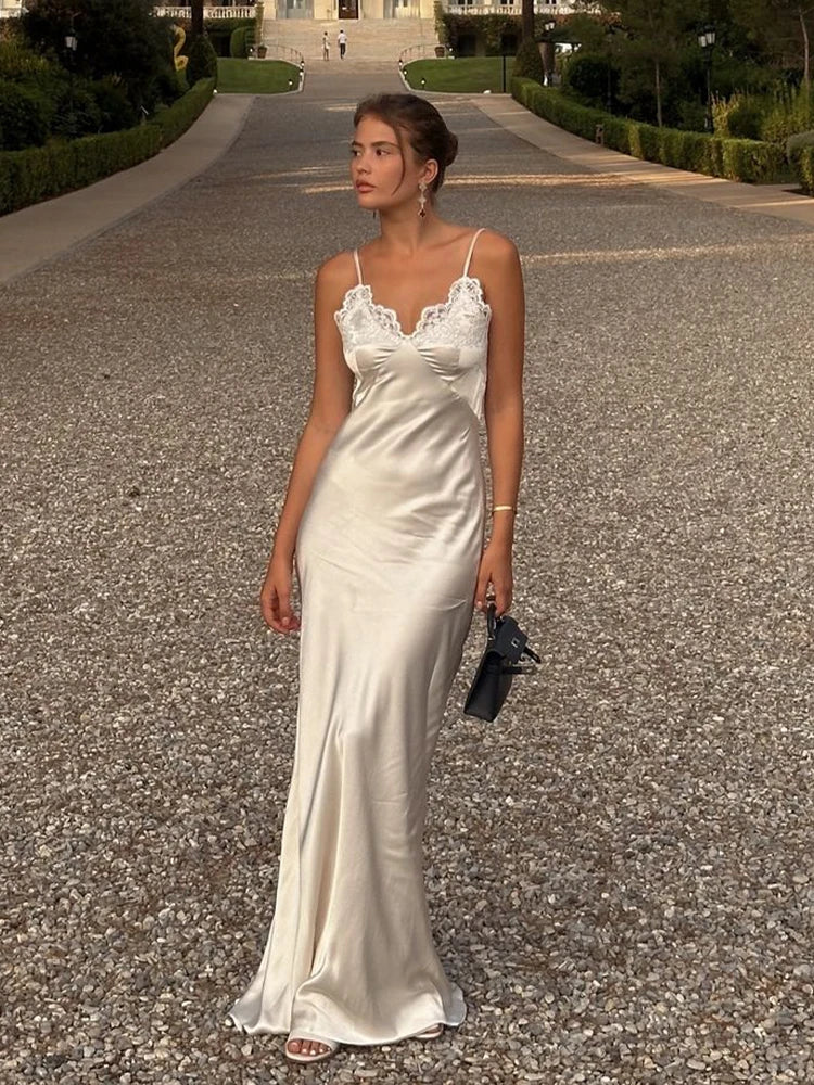 Lace Patchwork Sling Maxi Dress Women Sexy Solid V-neck Sleeveless Backless Satin Slim Dresses 2026 Lady Chic Party Evening Gown