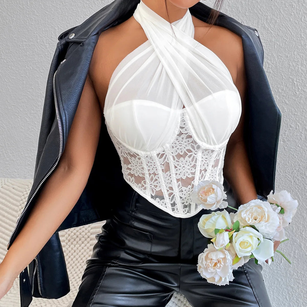 Elegant Lace Mesh Cross Halter Tank Top with Diamond Fishbone Small Vest for Women Tube Top with Lace Mesh Cross Halter Crop Top
