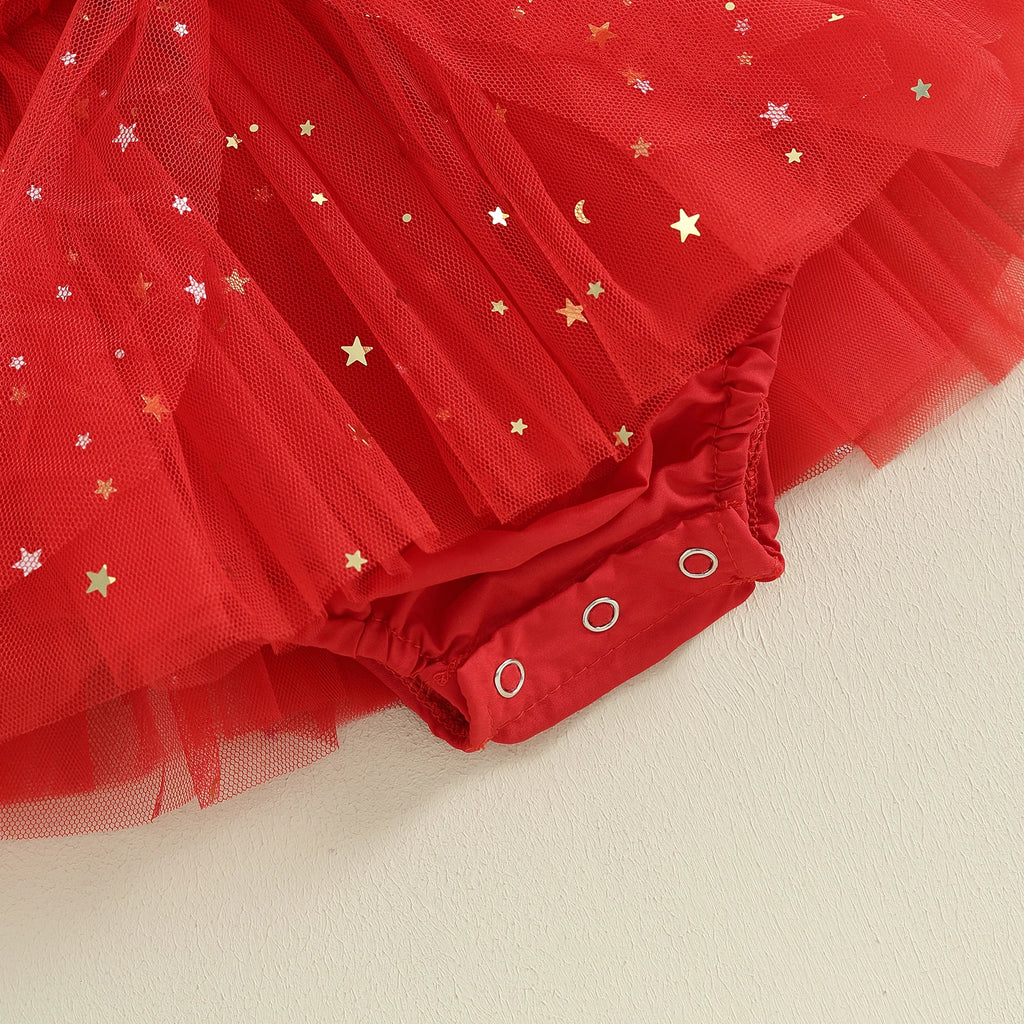 Citgeett Summer Christmas Infant Baby Girls Outfits Short Puff Sleeve Bodysuit Tulle Dress + Headband Set Red Xmas Clothes