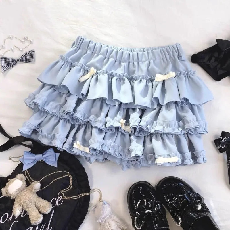 2026 Summer New Versatile Women's Clothing Blue Bow Lace Cake Tutu Mini Skirt Kawaii Pink Sweet Cute Thin A-line Skirts Ladies