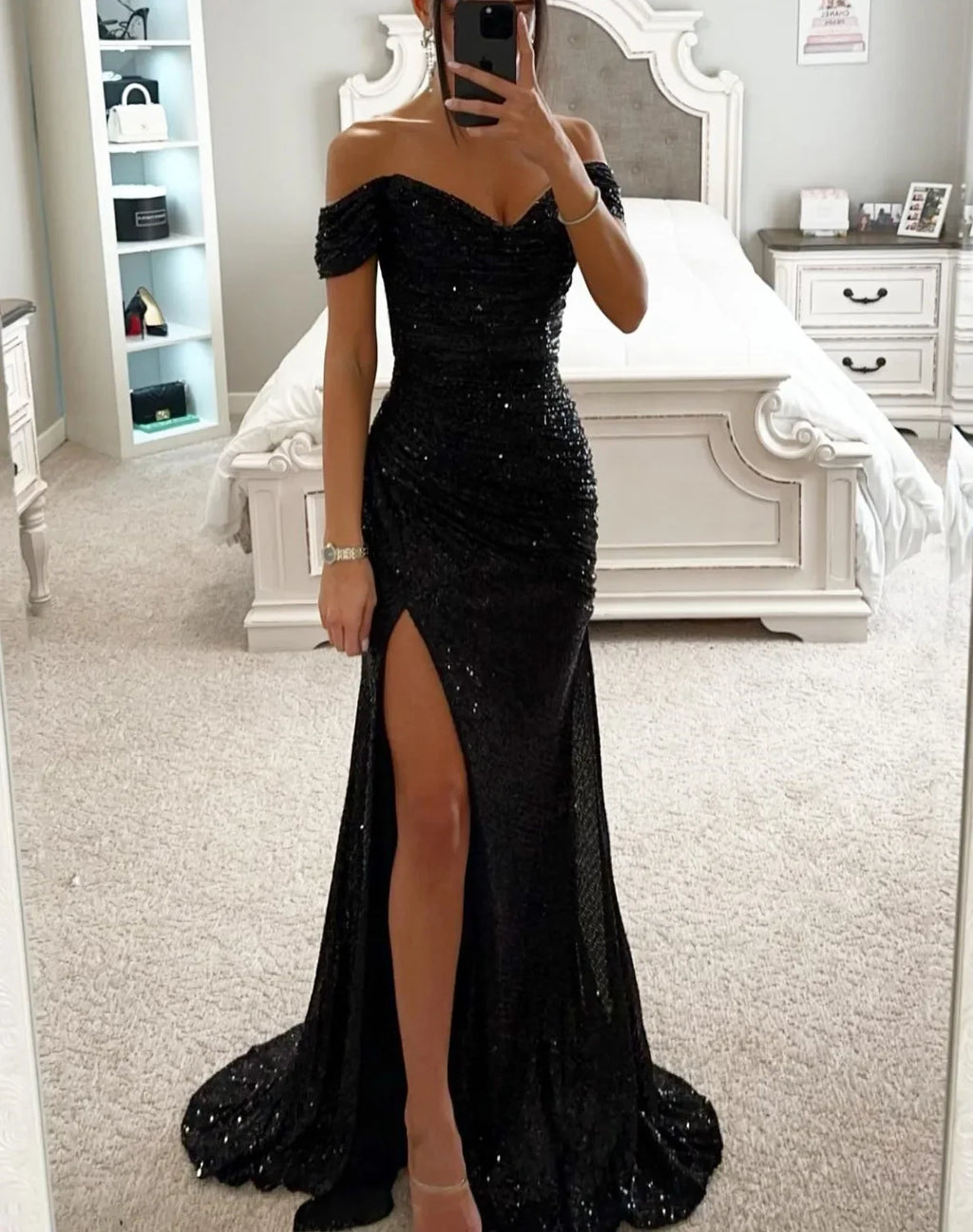 Women's S-XL Size New Party Sequins One line Neck Split Dress INS Casual Versatile Fashionable Charming Slimming Dress for Women
