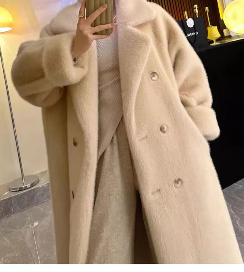Women Winter Warm Thicken Long Fur Coat 2025 New Women Imitation Rabbit Fur Temperament Fur Coat Double-Breasted Fur Jacket
