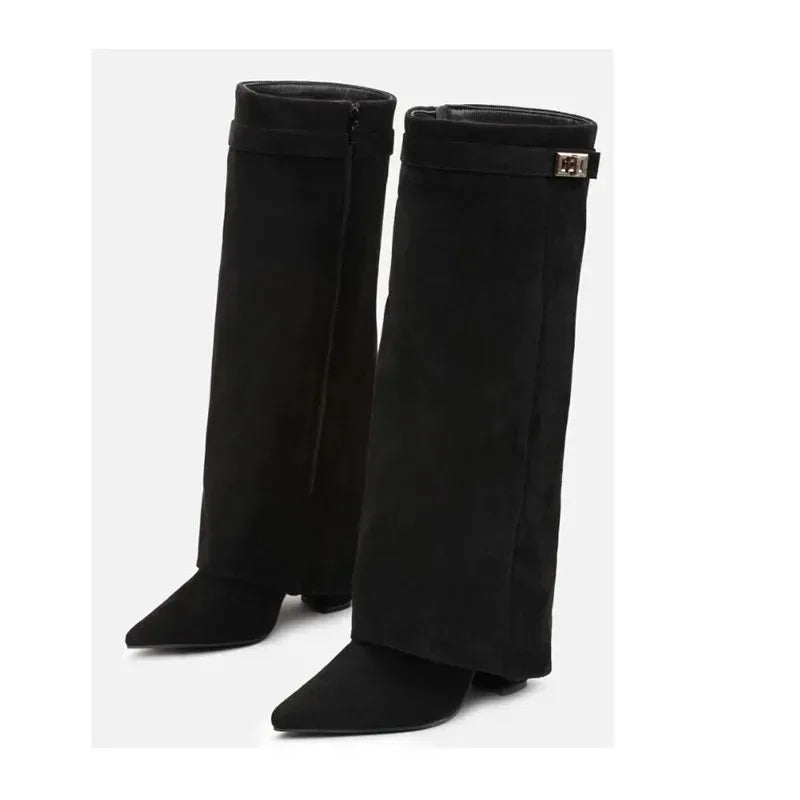 Ladies' Autumn and Winter New Pointed Knee High Women's Boots, Thick High-heeled Long Pants Boots, Fashionable Mid Rise Boots