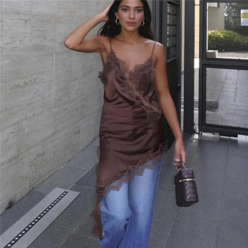 Women Satin Lace Trim Spaghetti Cami Tops Y2k Strap Side Split Asymmetrical Cami Top Dress Loose Silky V Neck Flowy Party Dress
