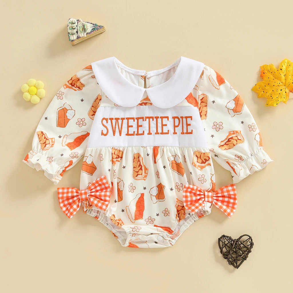Thanksgiving Turkey Print Ruffle Sleeve Romper with Bow Detail and Peter Pan Collar for Baby Girls Fall Outfit