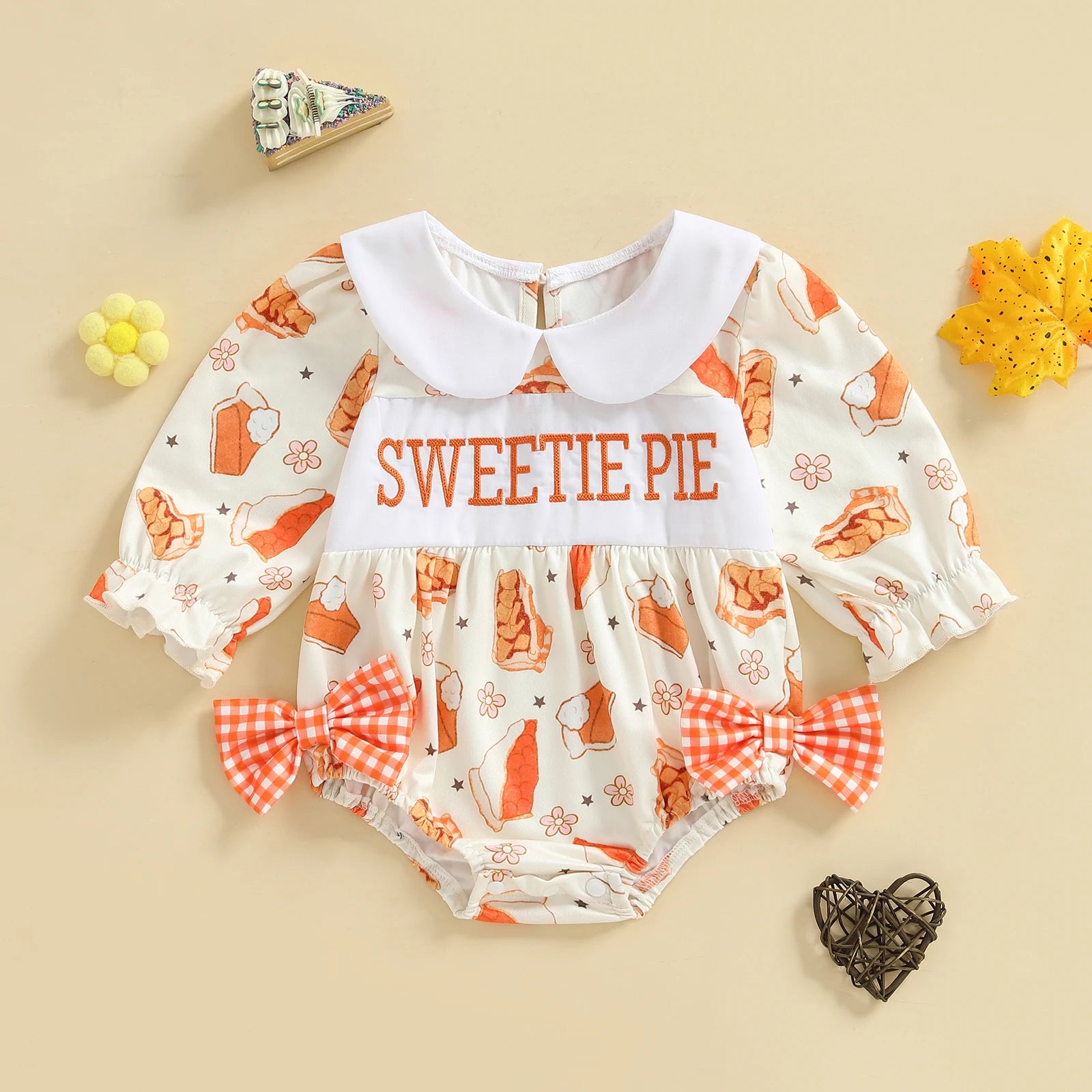 Thanksgiving Turkey Print Ruffle Sleeve Romper with Bow Detail and Peter Pan Collar for Baby Girls Fall Outfit
