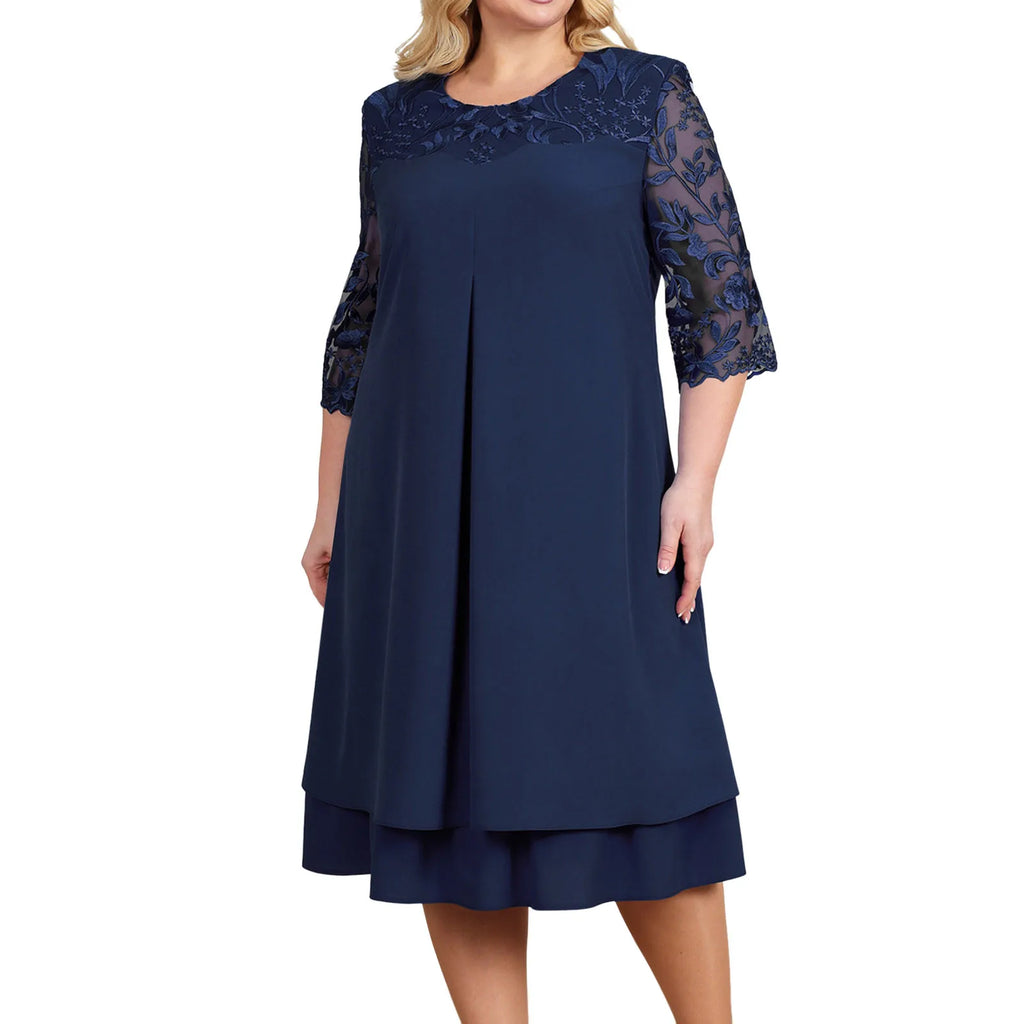 Womens Loose Elegant Formal Dress Summer Flower Embroidery O Neck Large Size Casual Chiffon Dress Wedding Festive Cocktail Dress