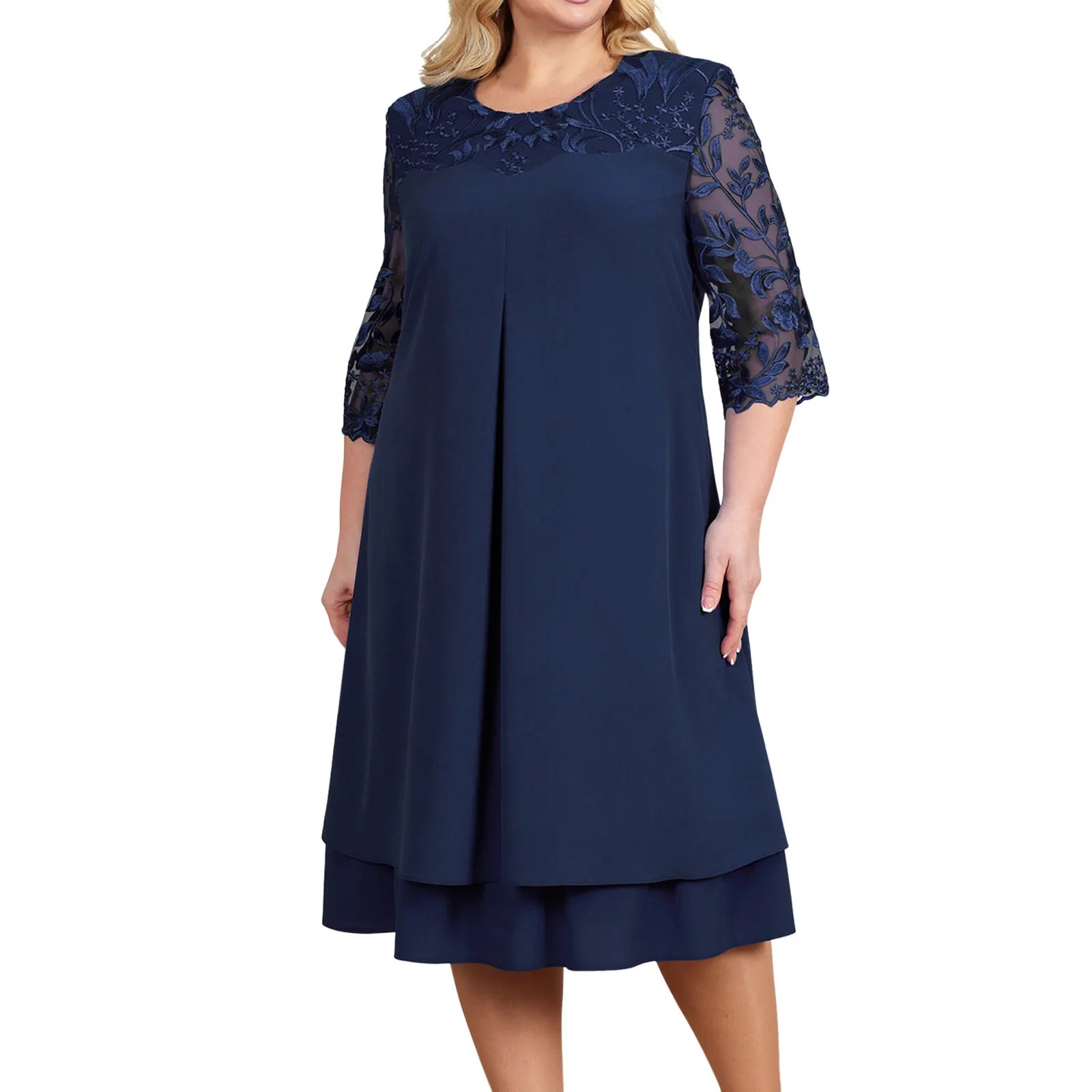 Womens Loose Elegant Formal Dress Summer Flower Embroidery O Neck Large Size Casual Chiffon Dress Wedding Festive Cocktail Dress