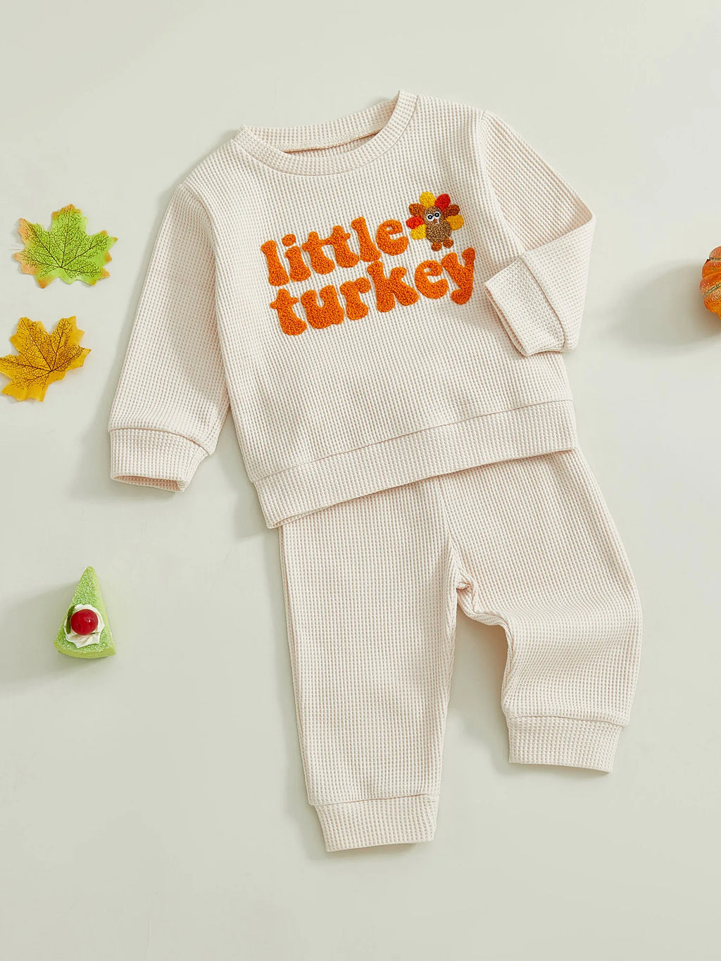 Toddler Baby Boys Thanksgiving Outfit Turkey Letter Embroidery Long Sleeve Pullover Elastic Waist Solid Pants 2Pcs Waffled Set