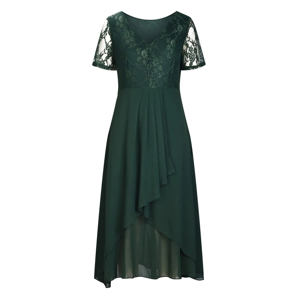 Women's Chiffon Long Dresses A Line V Neck Lace Panel Hollow Prom Dresses Ladies Bridesmaid Evening Dresses Short Sleeve Dress