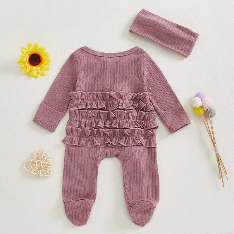 Infant Girls Fall  with Ruffled Sleeves and Matching Headband - Cozy Footed Romper for Autumn Season