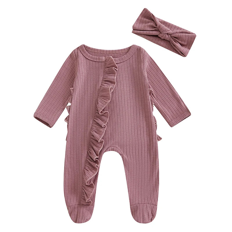 Infant Girls Fall  with Ruffled Sleeves and Matching Headband - Cozy Footed Romper for Autumn Season