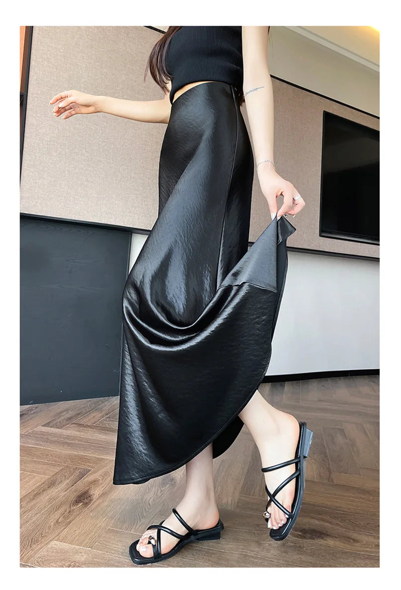 Zoki Chic Satin Elegant Long Skirt Women Casual Fashion High Waist Sweet Trumpet Skirts Slim Summer Female Korean Long Skirts