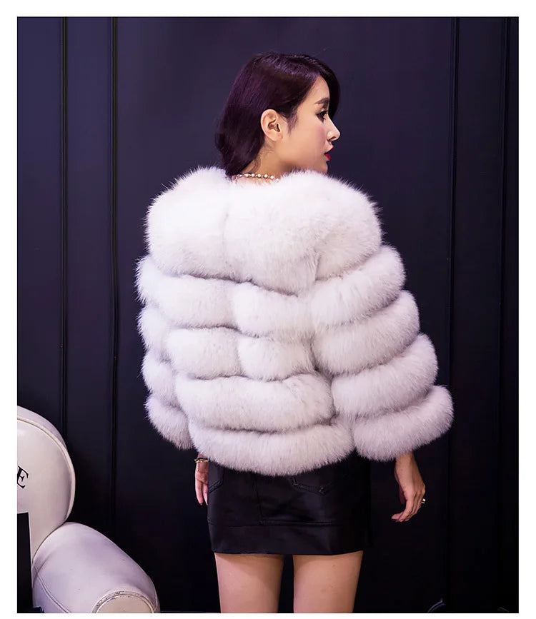 Women Faux Fox Fur Coats Zipper Short Coat Jackets Elegant Thick Warm Solid Jacket Lady Furry Outerwear Elegant Splice Winter