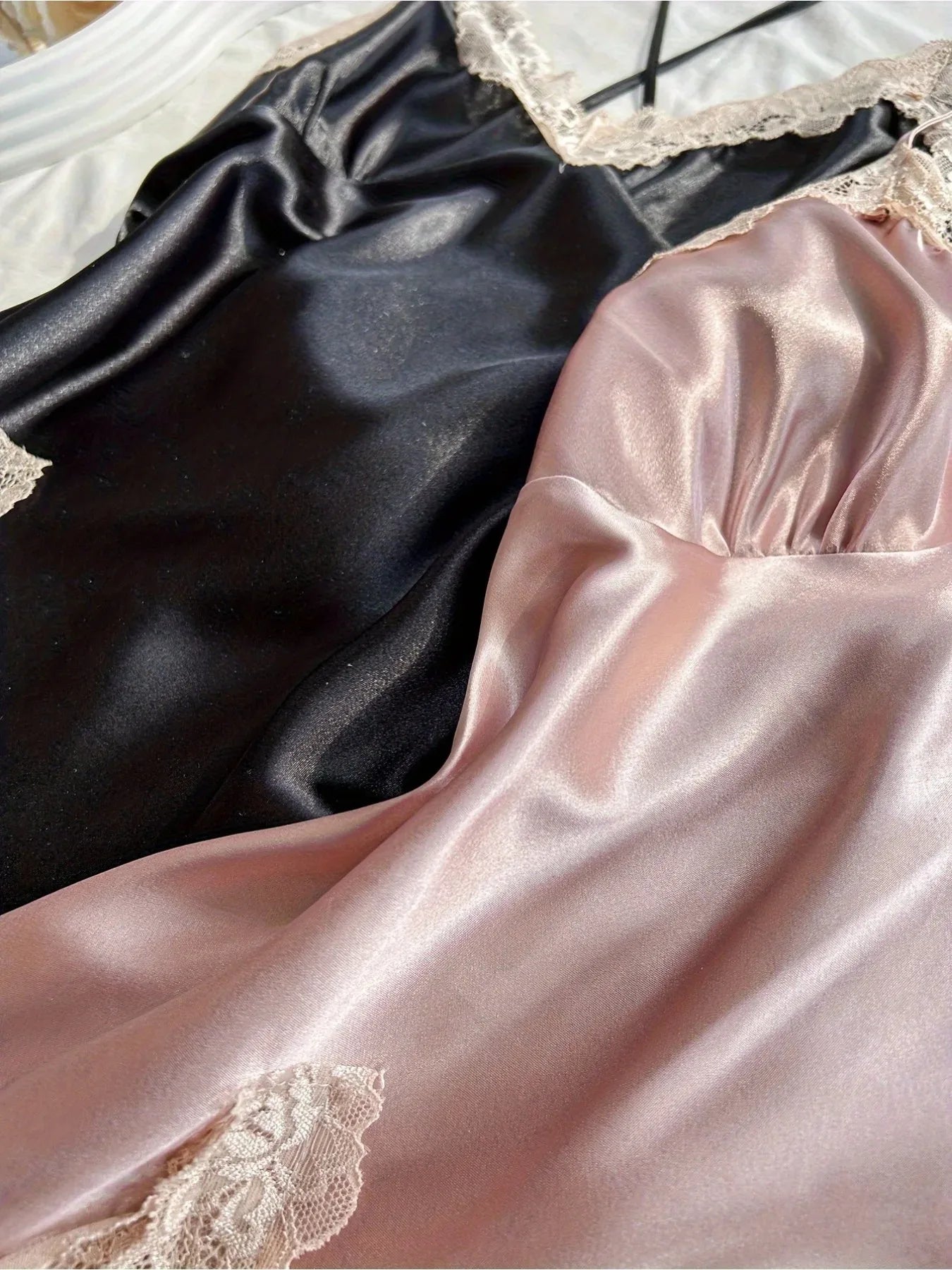 2Pcs Women's Satin Sleepwear Set Black & Blush, Ruched V-Neck Strapless Nightgown Lingerie Dress, All-Season Nightwear