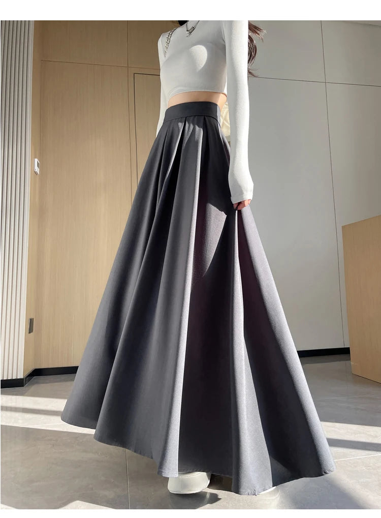 Beiyingni Women Long Suit Maxi Pleated Black Skirts Korean Fashion 2024 Autumn High Waist Slim A-line Skirt Ladies Gray Faldas