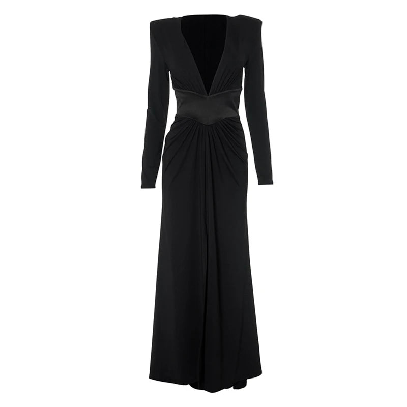 Sexy Deep V-neck High Slit Formal Occasion Dresses Black With Shoulder Padded Evening Dress Elegant High Waist Tunics Prom Gown