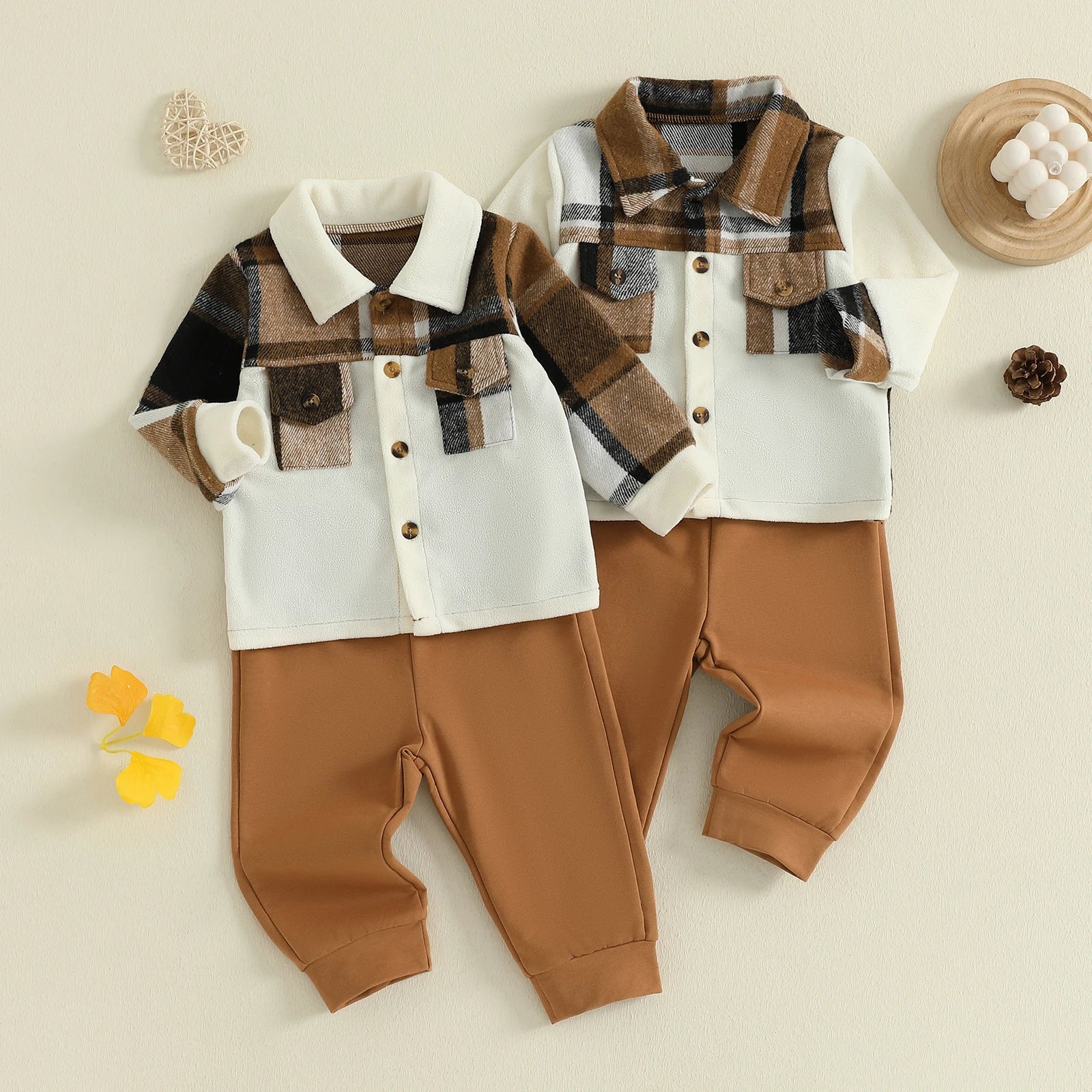 Lioraitiin Toddler Baby Boy Fall Outfit Plaid Button up Long Sleeve Shirt and Elastic Pants 2 Piece Clothes