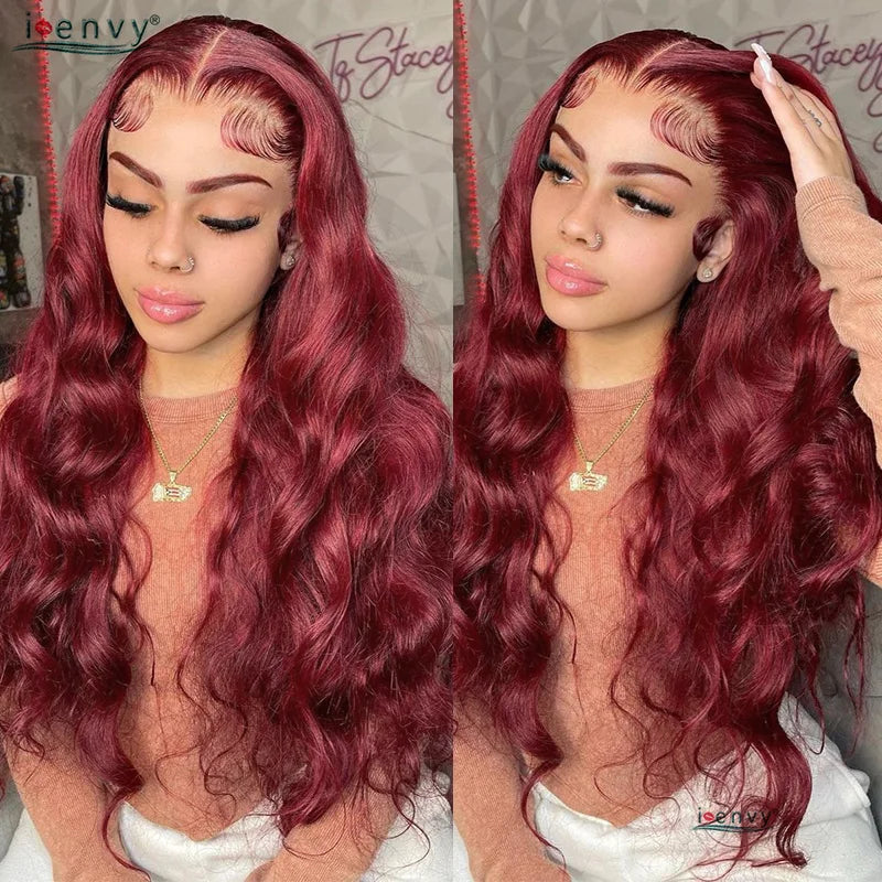 13X4 HD Transparent Lace Front Wigs Burgundy Red Human Hair Wigs PrePlucked 13X6 32Inch Body Wave Lace Front Wig For Women Curly
