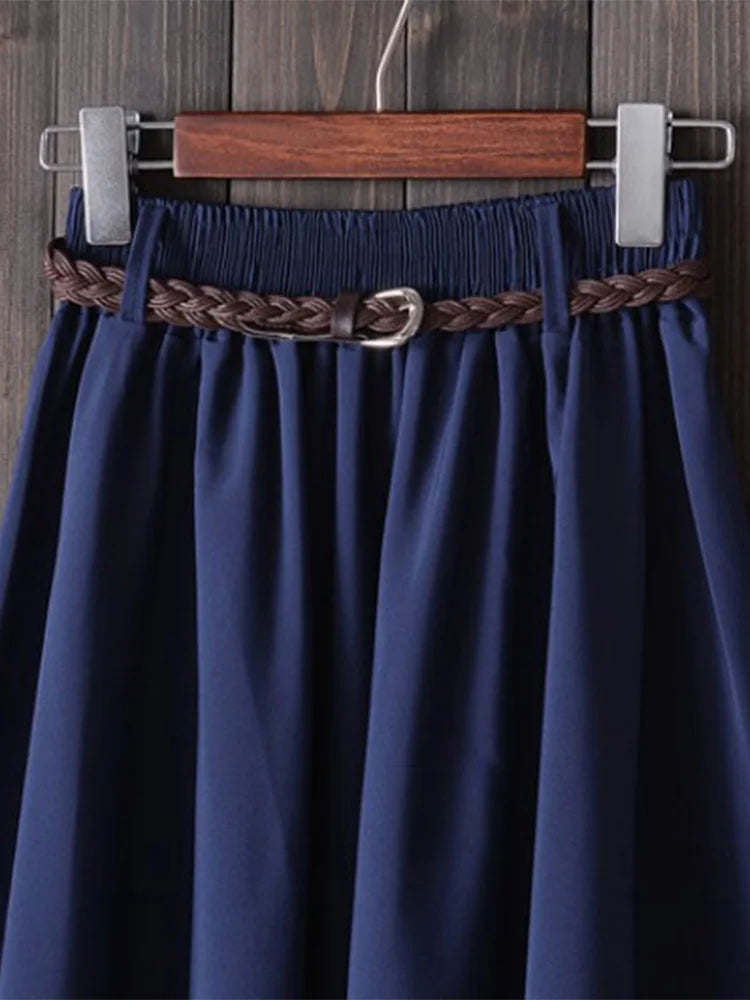 Midi Knee Length Summer Skirt Women With Belt 2025 Fashion Korean Ladies High Waist Pleated A-line School Skirt Female