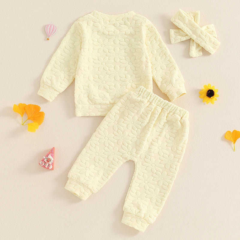2024-05-22 Lioraitiin Toddler Girl Fall Outfit Daisy Embroidery Long Sleeve Sweatshirt with Elastic Waist Pants Headband Set