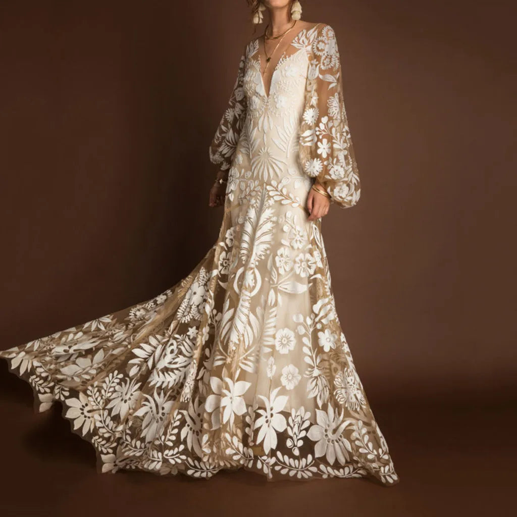 Fashion Floral Print Flared Sleeves Evening Dress Boho Women Holiday V-Neck Backless Sundress High Waist Wedding Guest Ball Gown
