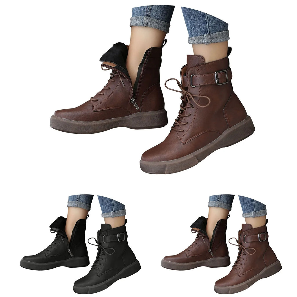 Women'S Fashionable Versatile Ankle Boots British Retro Belt Plus Velvet Short Suede Boots For Women Lace Up Flat Shoes Botines