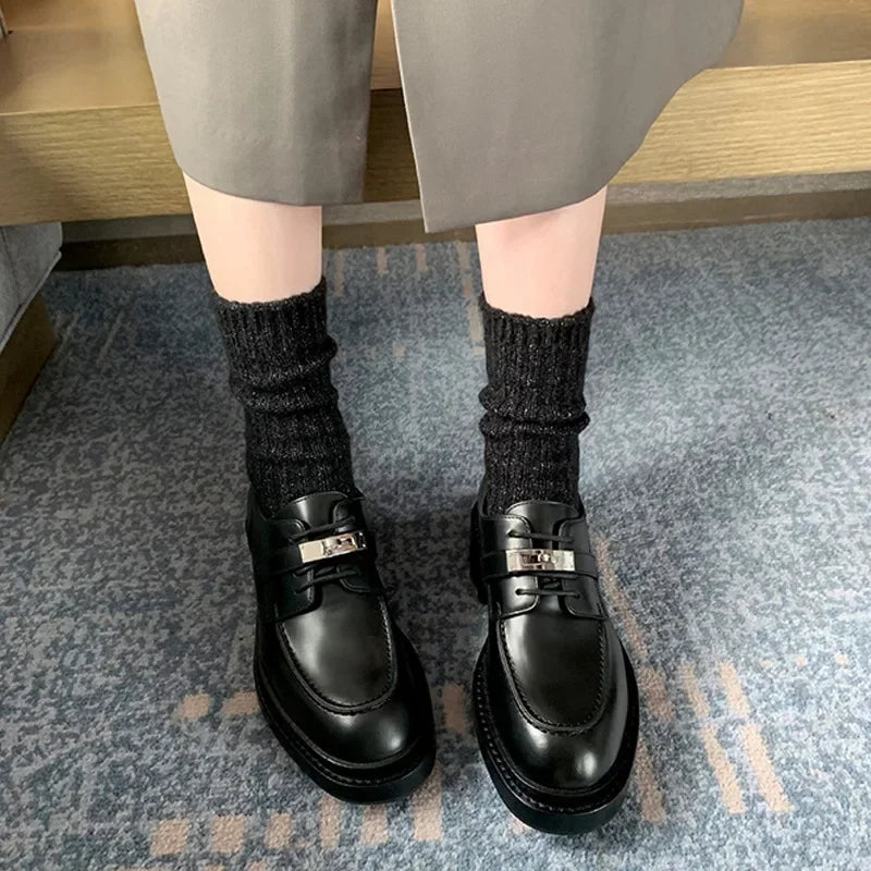 Office Career Women Pumps PU Spring New British Retro Metal Buckle Thick Bottom JK Flat Bottom Small Leather ShoesWoman Shoe