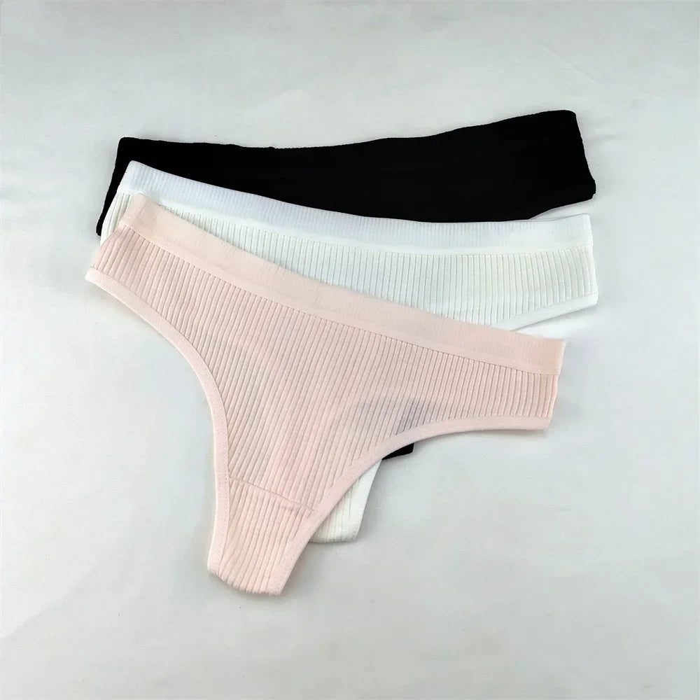 3Pcs/Set Women Thong G String Soft Ribbed Cotton Brazilian Panties Solid Color Low Rise Underwear Female Intimates Lingerie