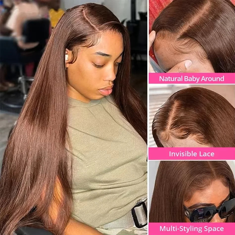 220 Desnity Long Chocolate Brown Straight  40 46 Inch Full Frontal 13x4 13x6 HD Transparent Lace Front Remy Human Hair Wigs