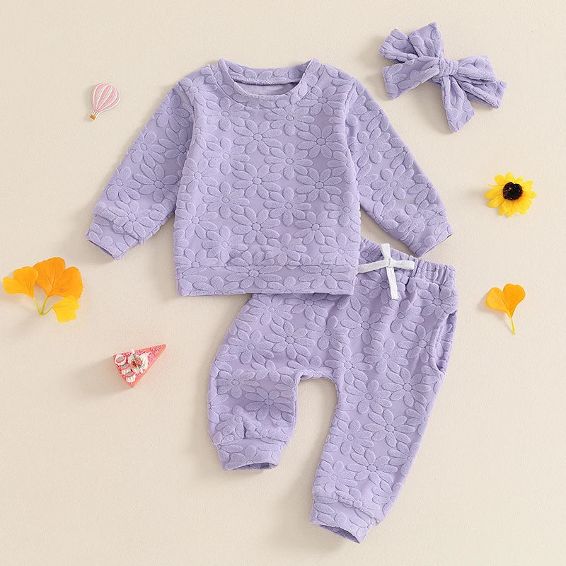 2024-05-22 Lioraitiin Toddler Girl Fall Outfit Daisy Embroidery Long Sleeve Sweatshirt with Elastic Waist Pants Headband Set